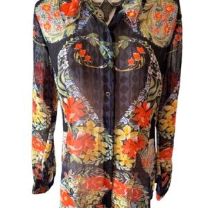 CAbi Amour Navy Multicolor Floral Sheer Blouse- Small